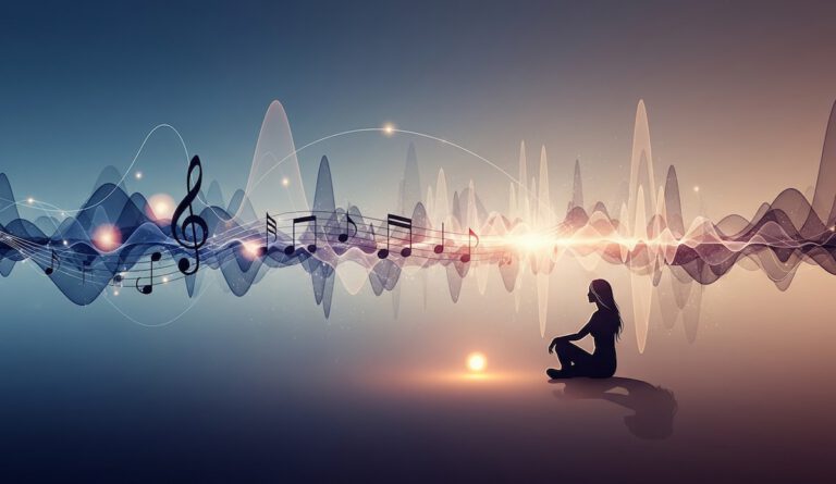 Abstract image of sound waves surrounding a relaxed person representing power of ambient music